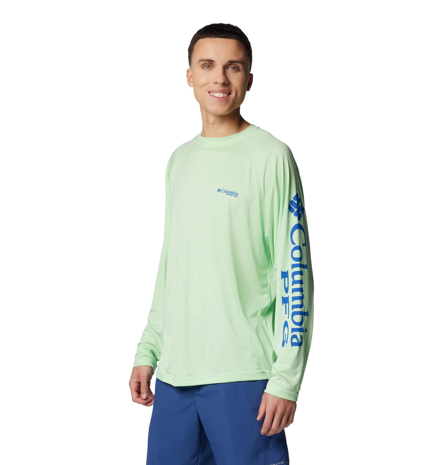 Columbia Men's PFG Terminal Tackle Long Sleeve Fishing Shirt, Key West/Vivid Blue Logo, Large Tall