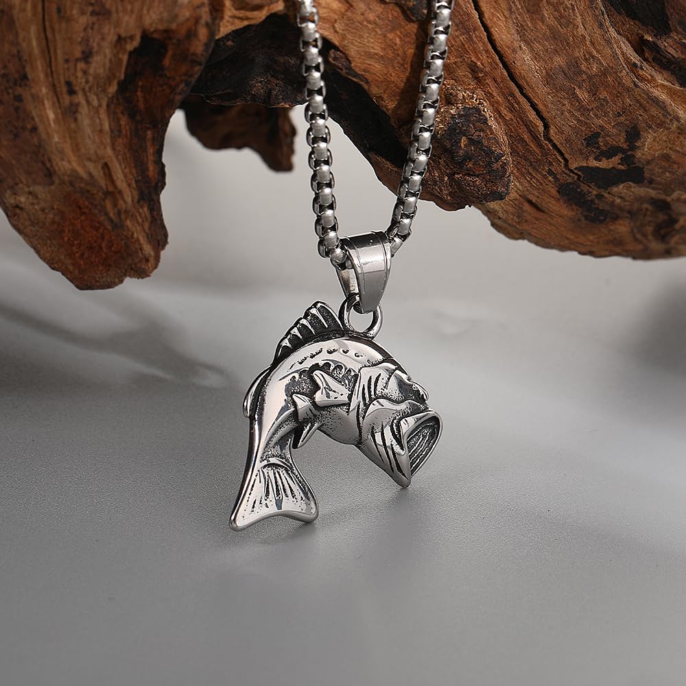 BaBakiak Largemouth Bass Fish Necklace, Fisherman Stainless Steel Jumping Bass Pendant