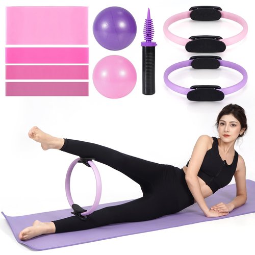 Tsikavo Pilates Ring Circle and Pilates Ball Set, 12 Inch&14Inch Magic Circle Pilates Ring,9 Inch Small Exercise Ball,Resistance Bands Set, Home Pilates Equipment for Women