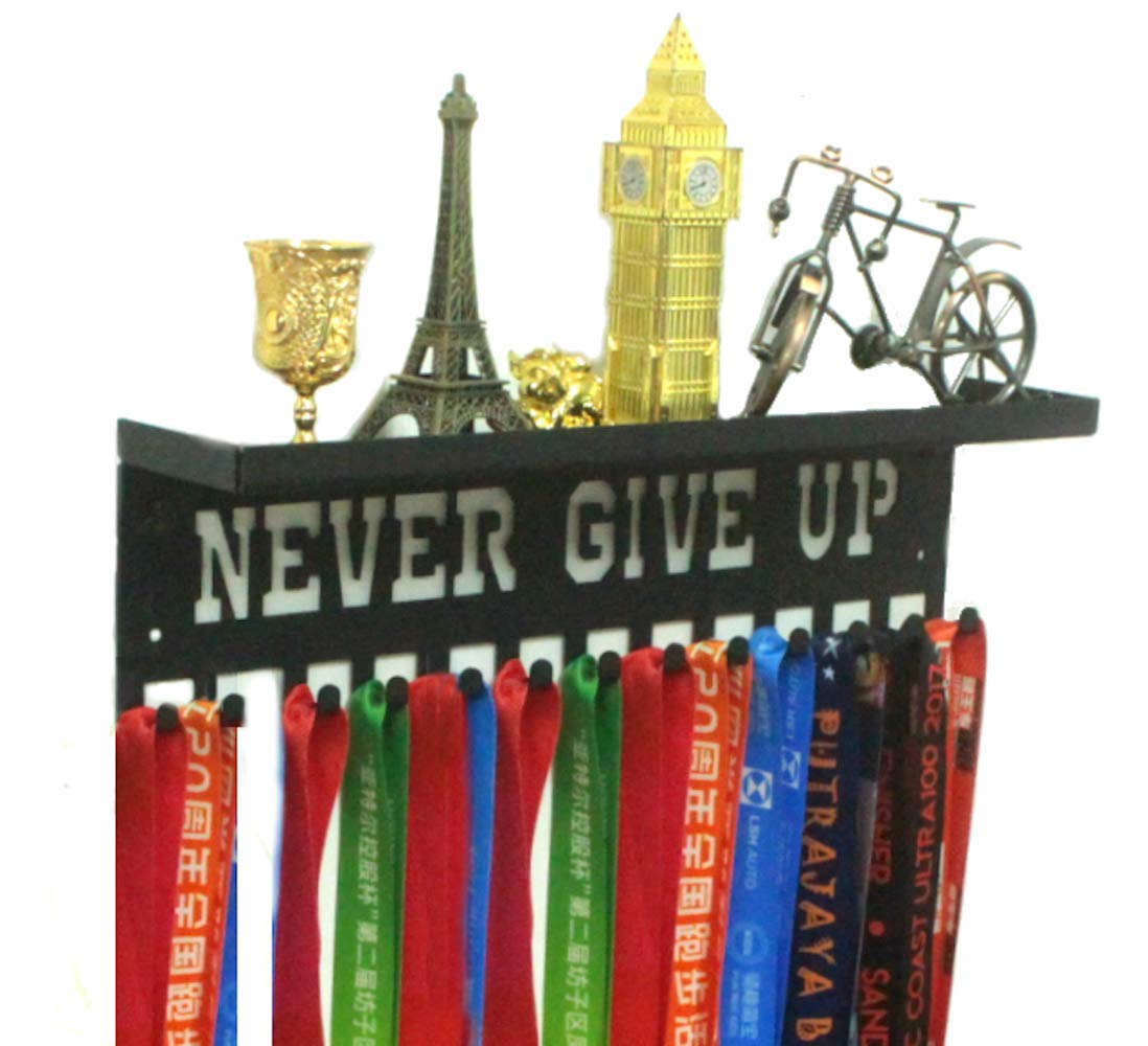 URBN BY MODERN HOME FINISHINGS Never Give Up Sports Awards Medal Hanger Display, 3" Trophy Shelf Medal Holder with Hooks, Easy Install Wall Shelf and Ribbon Holder Wall Shelf (Black)