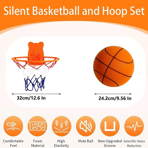 Silent Basketball and Hoop Set, Silent Basketball, 2025 Upgrade Quiet Foam Indoor Training Ball, No Noise with Wall Mount Hoop Silent Ball Professional Indoor Basketballs Frame (No.7-9.56in)