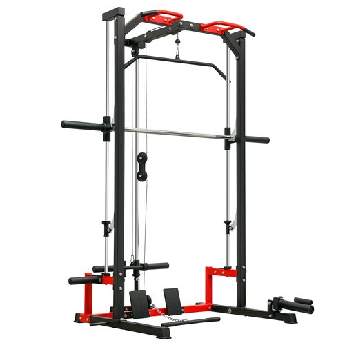 Soozier Power Cage Smith Machine, Multi-Function Power Rack with Pull Up Bar, LAT Pull Down System, Squat Rack, Barbell Bar, Landmine, Plate Storage Posts, for Home Gym