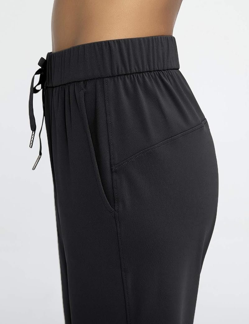 AJISAI Joggers for Women Petite/Regular 7/8 Travel Golf Pants with Pockets - Black, Large