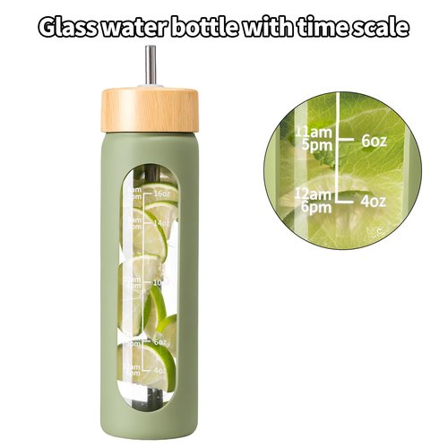 FrutPunch 18 OZ Glass Water Bottles, Water Bottle with Time Marker, Leakproof Glass Water Bottles with Silicone Sleeves, Suitable for Offices and Gyms. (green)