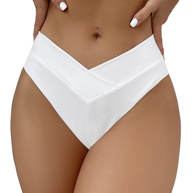 SherryDC Women’s V Cut High Waisted Bikini Bottoms - White, Medium