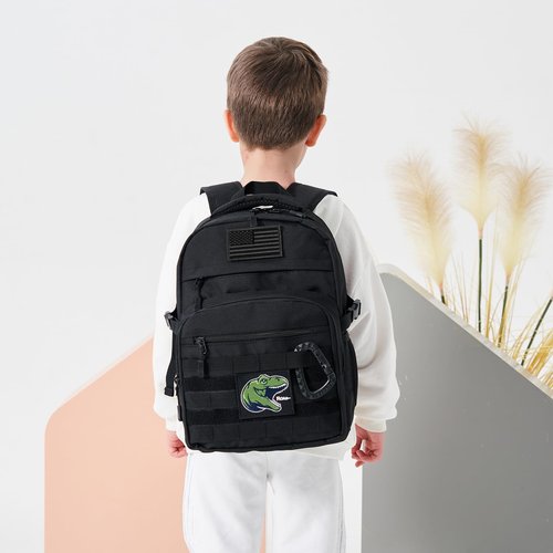 Kids Tactical Backpack Army Molle Bookbag Military Boys Backpack for School, Outdoor, Camping (Includes 2 Patches+1Carabiner), Black Camo