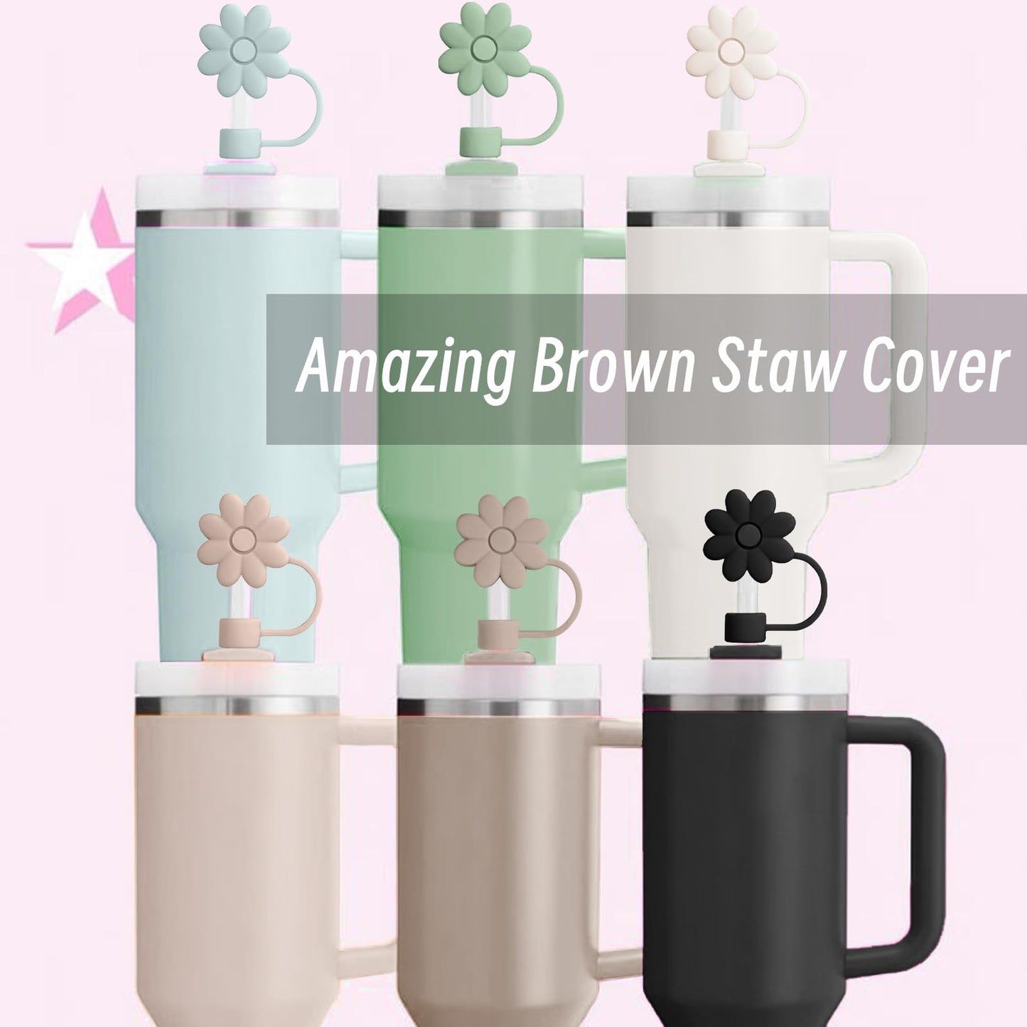 SEMATA 6PCS Silicone Straw Covers Toppers for Stanley Cups 30&40 Oz Tumbler Accessories -Flower Straw Caps Dust-Proof -Reusable Straws Tips Protectors for Stanley Cup 10mm 0.4in Straws