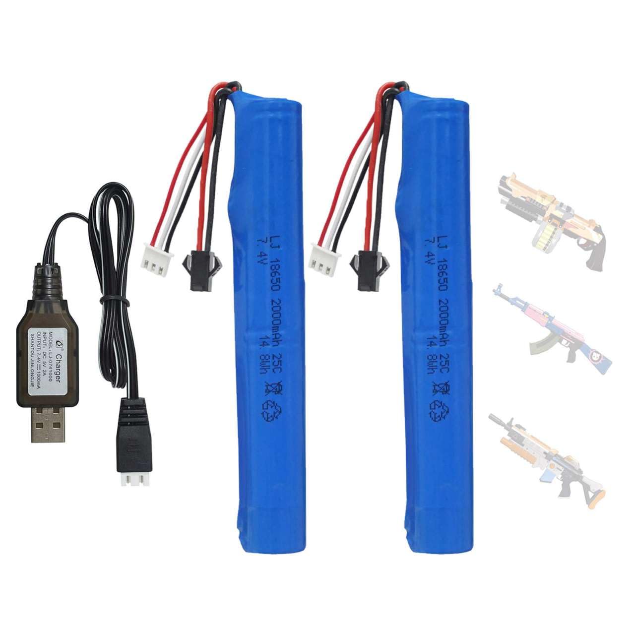 2 Pack 7.4V Batteries 2000mAh for SRB1200 400 400-SUB MP5K M4 M110 for Hobby Remote App Controlled Vehicle Water Bead Blaster Airsoft Gun