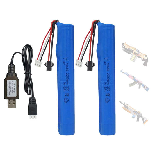 2 Pack 7.4V Batteries 2000mAh for SRB1200 400 400-SUB MP5K M4 M110 for Hobby Remote App Controlled Vehicle Water Bead Blaster Airsoft Gun
