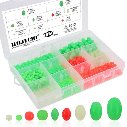 Glow Beads Fishing Kit 1050 Pcs 9 Sizes Luminous Soft Plastic Beads for Night Fishing