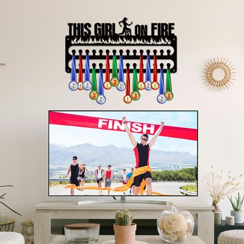 SUPERDANT Women's Running Medal Hanger Display This Girl is On Fire Medal Holder Wall Mount Running Medals Hanging 30 Hooks Matte Black Metal Awards Display Rack Gift for Runner