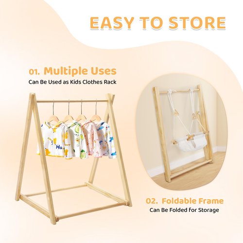 JOYMOR 2-in-1 Wooden Baby Swing & Jumper with A-Frame Foldable Stand for Indoor and Outdoor Use, Montessori Play Set with Baby Swing-Seat for Toddlers 6-36 Months