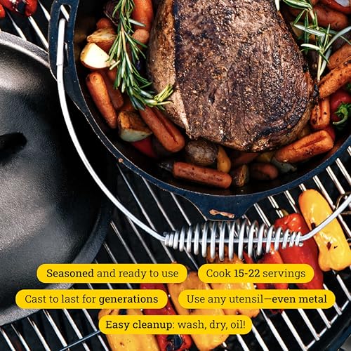 Lodge 9 Quart Pre-Seasoned Cast Iron Dutch Oven with Lid - Wire Bail Handle for Easy Transfer from Cooking Surface to Table - Use in the Oven, on the Stove, on the Grill or over the Campfire - Black