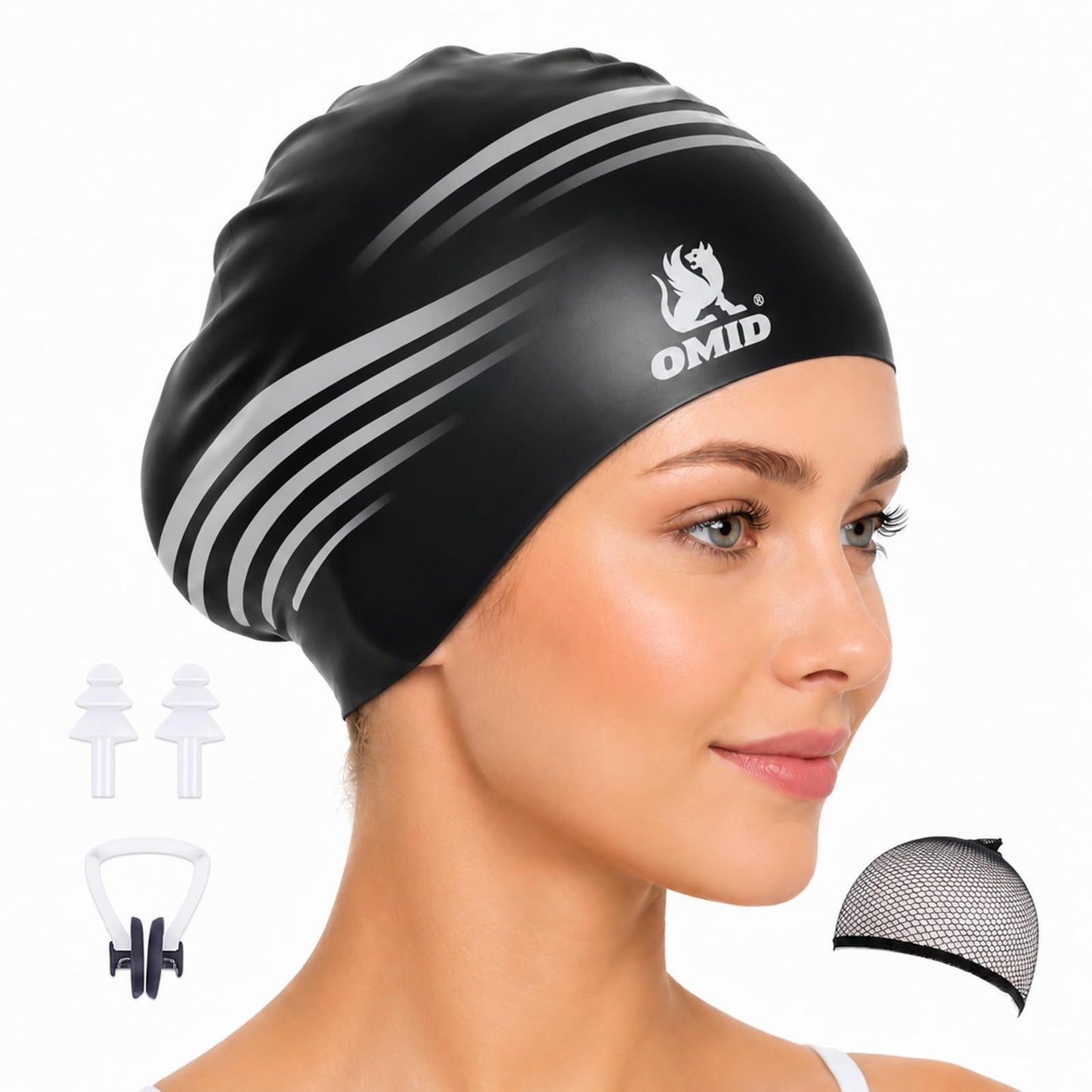 OMID Waterproof Swim Cap for Women with Long Hair - Chemical Resistant Silicone Swimming Cap, UV Protection for Pool Beach, Fits Dreadlocks and Thick Hair (Black)