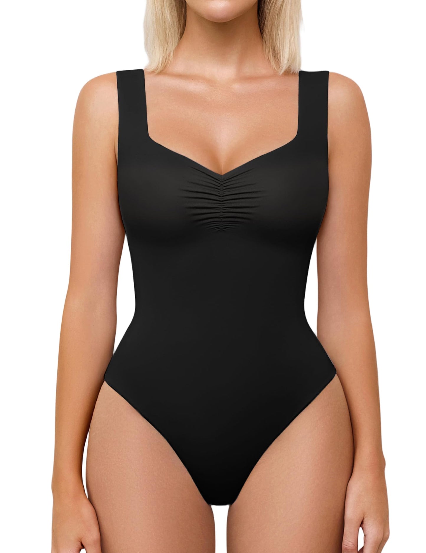 Avidlove Black Bodysuit Women Sweetheart Neck Ruched Body Suits Seamless Double Lined Tank Top Slimming