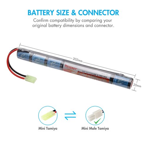 Tenergy Airsoft Battery 8.4V 1600mAh NiMH Stick Style Batteries w/Mini Tamiya Connector, Replacement Battery for Airsoft Rifle AEG Guns AK47 CYMA RPK PKM