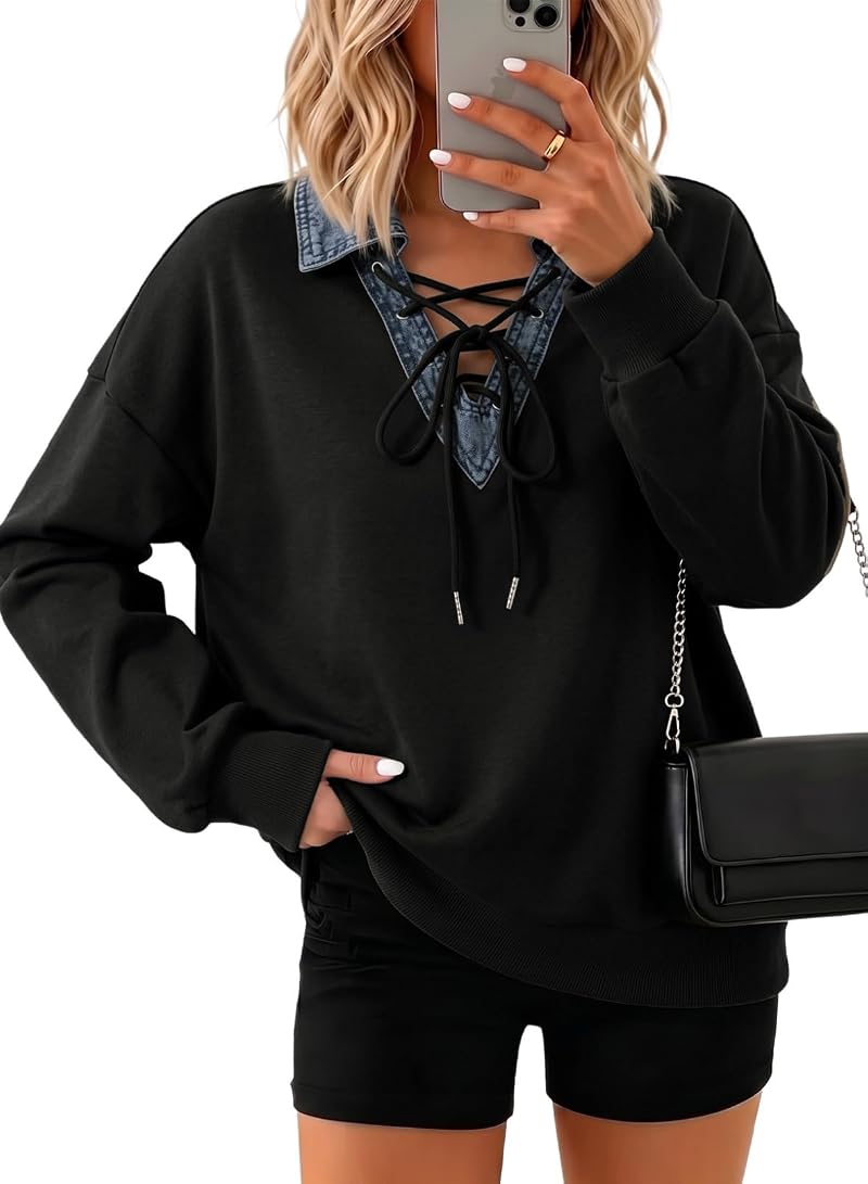 Dokotoo Oversized Denim Collar Sweatshirt for Women, Black, X-Large