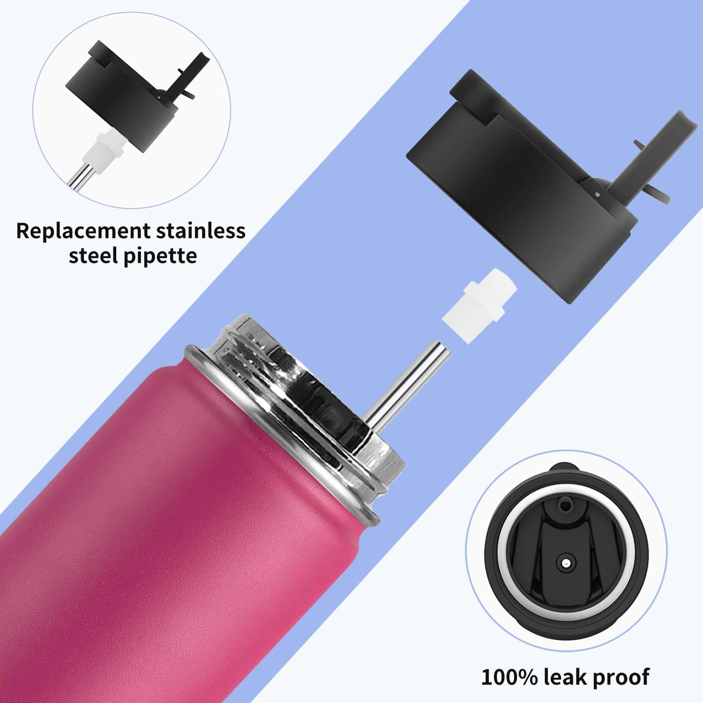 koodee Insulated Water Bottle -18 oz Stainless Steel Vacuum Water Bottle with Straw Lid-Wide Mouth Sports Flask BPA Free (Rose Red)