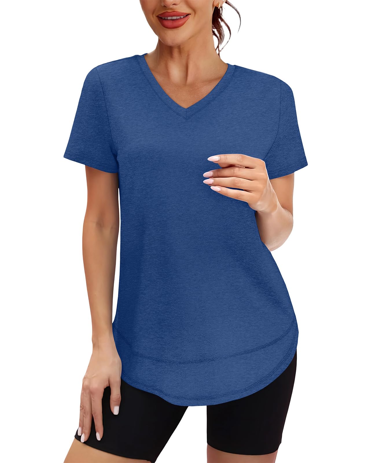 Workout Tops for Women Spring Summer Short Sleeve Golf Outfits Gym Essentials Activewear Running Shirts V Neck Blue S