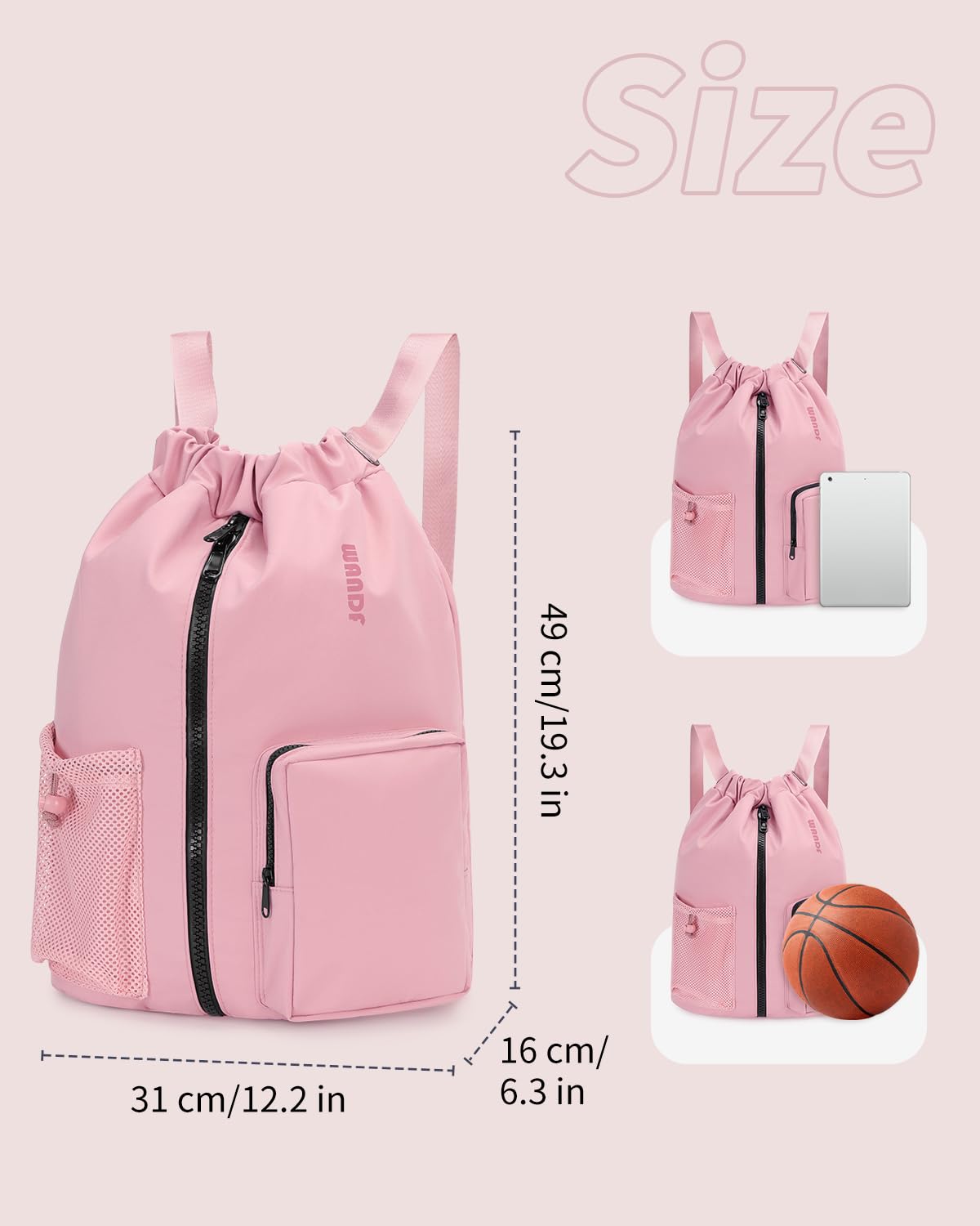 WANDF Drawstring Backpack with Shoe Compartment, Sports Gym Bag