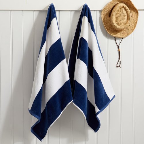 Loon & Lake Sand Resistant Beach Towels Set of 2 | Waffle Weave Reverse to Plush Velour Block Stripe | 2 Pack 30" x 60" | Crafted from 100% Combed Cotton | Wolfeboro Collection - Navy Blue