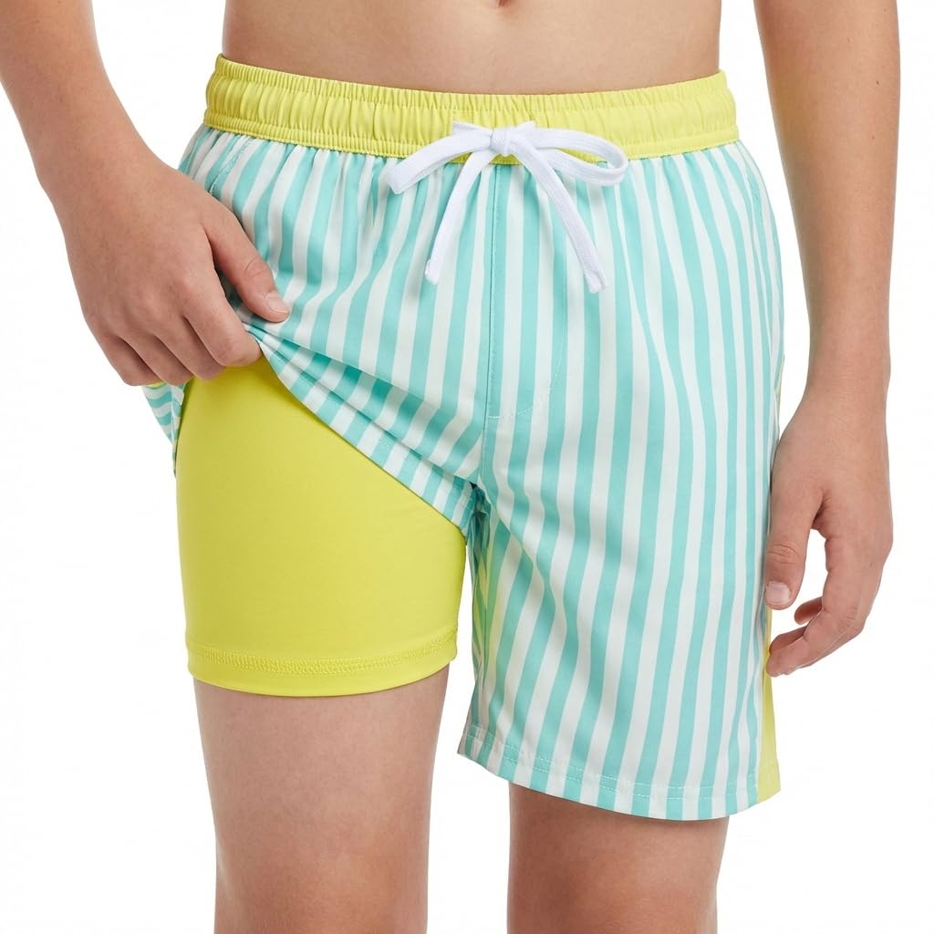 UMELOK Boys Swim Trunks with Compression Liner Kids Stretch Quick Dry Swimming Shorts Toddler Bathing Suit with UPF 50+ Green and White Stripes,10-12Y