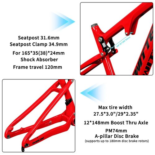 BSFHQS Full Suspension Enduro/Downhill Mountain Bike Frame 27.5/29er 15"/17"/19"/21" Carbon Fibre Frame XC/DH Soft Tail Frame 12 * 148mm Boost Thru Axle Disc Brake(Red,29 * 19")