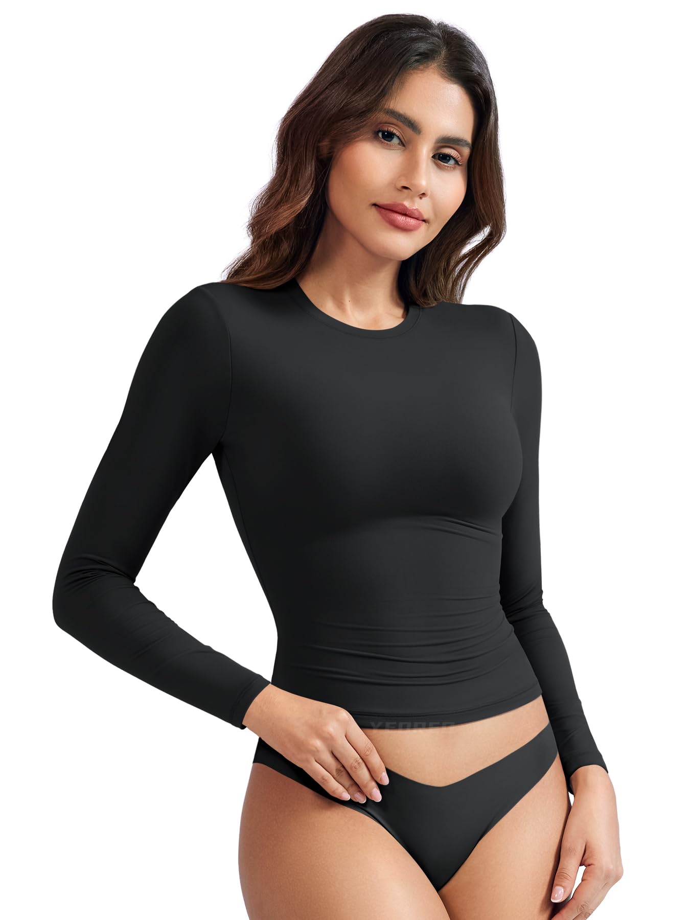 YEOREO Long Sleeve Shirts for Women y2k Tops Double Lined Basic Tee Crew Neck Going Out Sweeney Workout Undershirt Black L