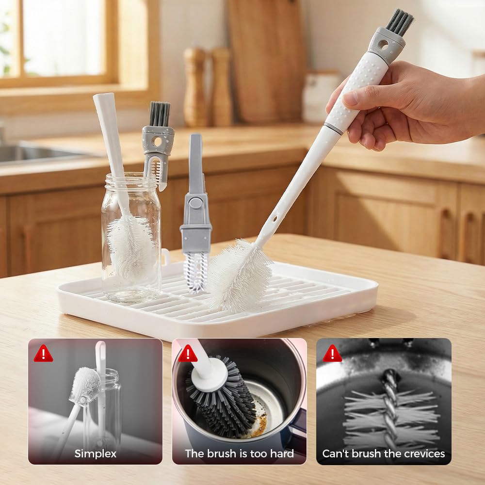 Water Bottle Cleaner Brush Compatible, 360° Flexible Silicone Bottle Brush with Long Handle,3 in 1 Brush Cleaner Kit for Narrow Neck Water Baby Bottles, Flasks Soft Bottle Brush (Grey, 1Pcs)