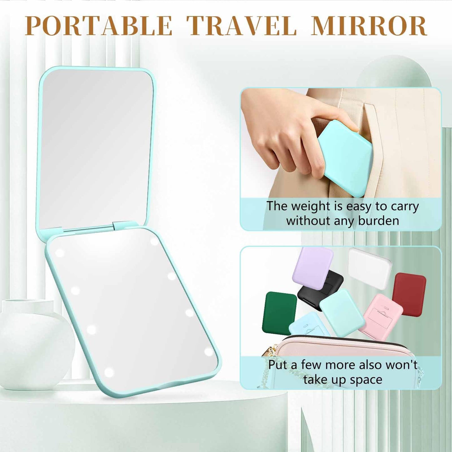 Kakuje Compact Mirror, 1X/3X Magnification LED Pocket Mirror with Nternal BIattery, Mini Mirror for Purse, Pocket,Travel and Present (Mint Green)