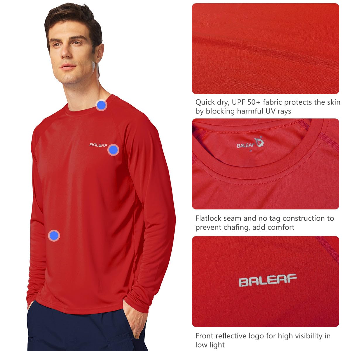 baleaf Mens UPF 50+ Sun Protection Shirts Long Sleeve Rash Guard, Quick Dry 4-Way Stretch for Fishing Swimming Surfing 01-Tomato 3XL