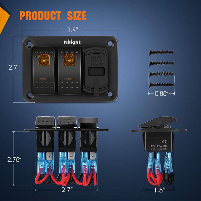 Nilight 2-Gang Rocker Panel with PD Type-C USB Charger & Voltmeter - Amber Variation