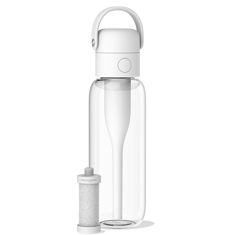 Aquagear 22oz Water Filter Bottle - BPA-Free, Removes Chlorine & Forever Chemicals (PFOA/PFOS) - 40 Gallon Filter Life - White