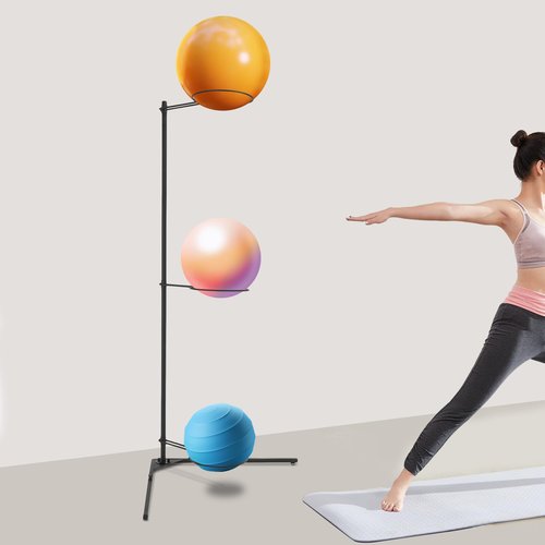 Seoqudcty 3-Ball Exercise Ball Rack,Exercise Ball Holder Vertical Storage,Stability Ball Stand with Non-Slip Feet,Black Iron Design for Yoga,Gym,and Home Use - Freestanding and Space-Saving
