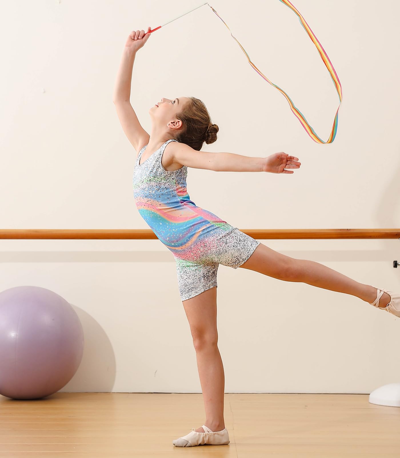 Taubow 2 Packs Gymnastics Leotards for Girls Size 7-8 Kids Biketard with Shorts Gradient Tie Dye Diamond Dance Leotard Size 8