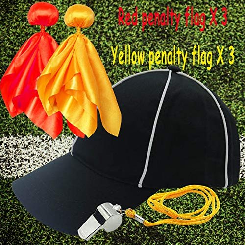 8 Pcs Challenge Flag Referee Hat Set,Tossing Flags Sports Fan Set Penalty Flag Party Accessory (3 Yellow and 3 Red),Official Football Hat and Stainless Steel Whistle,Referee Costume cap set