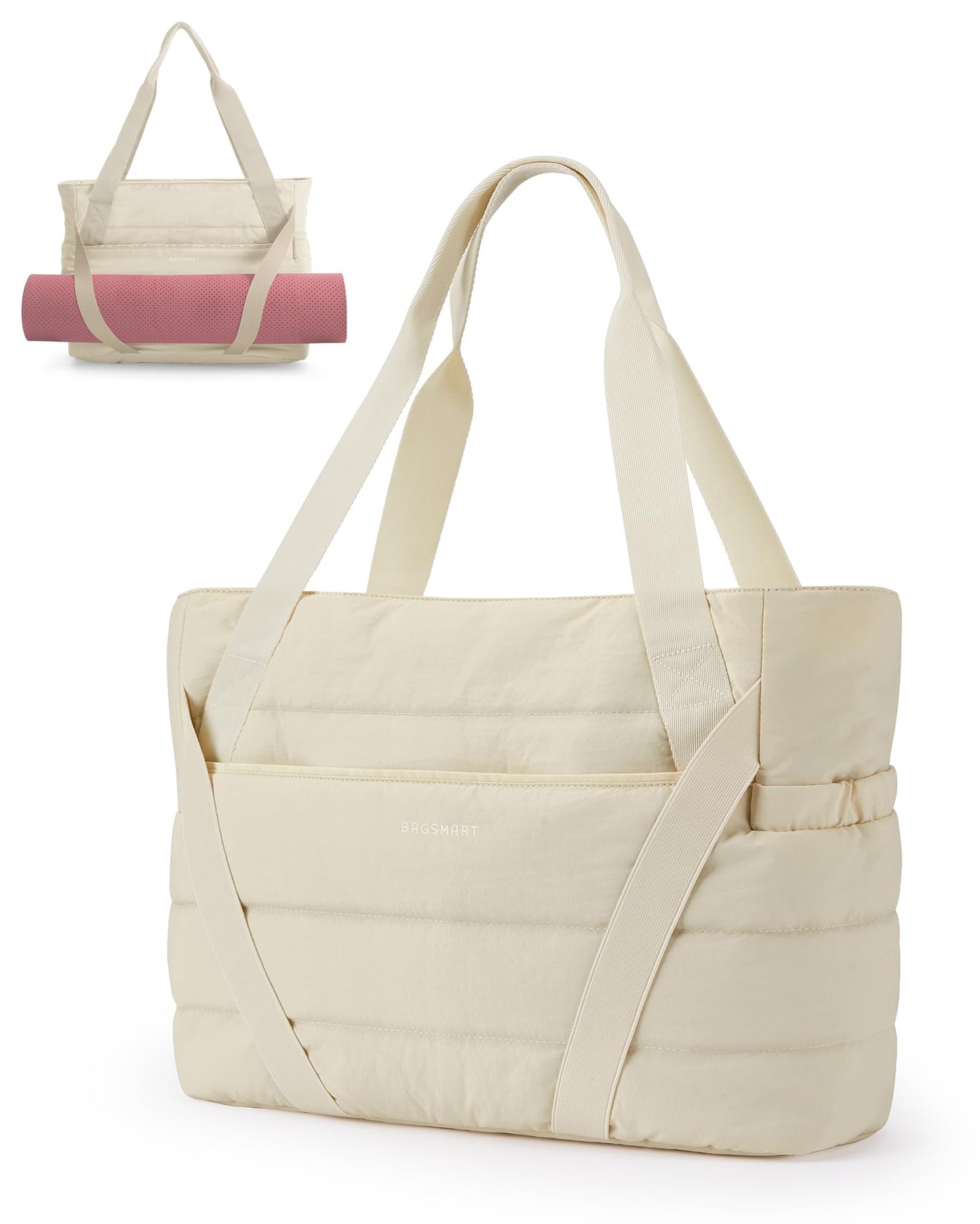 BAGSMART Tote Bag for Women with Zipper and Yoga Mat Straps Quilted Gym Tote for Travel, Work, Sport