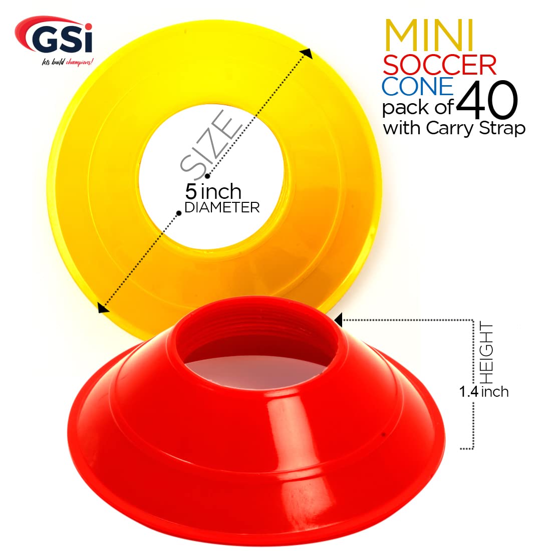 GSi Mini Cones for Sports - 40 Pack - 5Inch Diameter for Better Space Utilization - Comes with Shoulder Strap - for Agility Training Drills