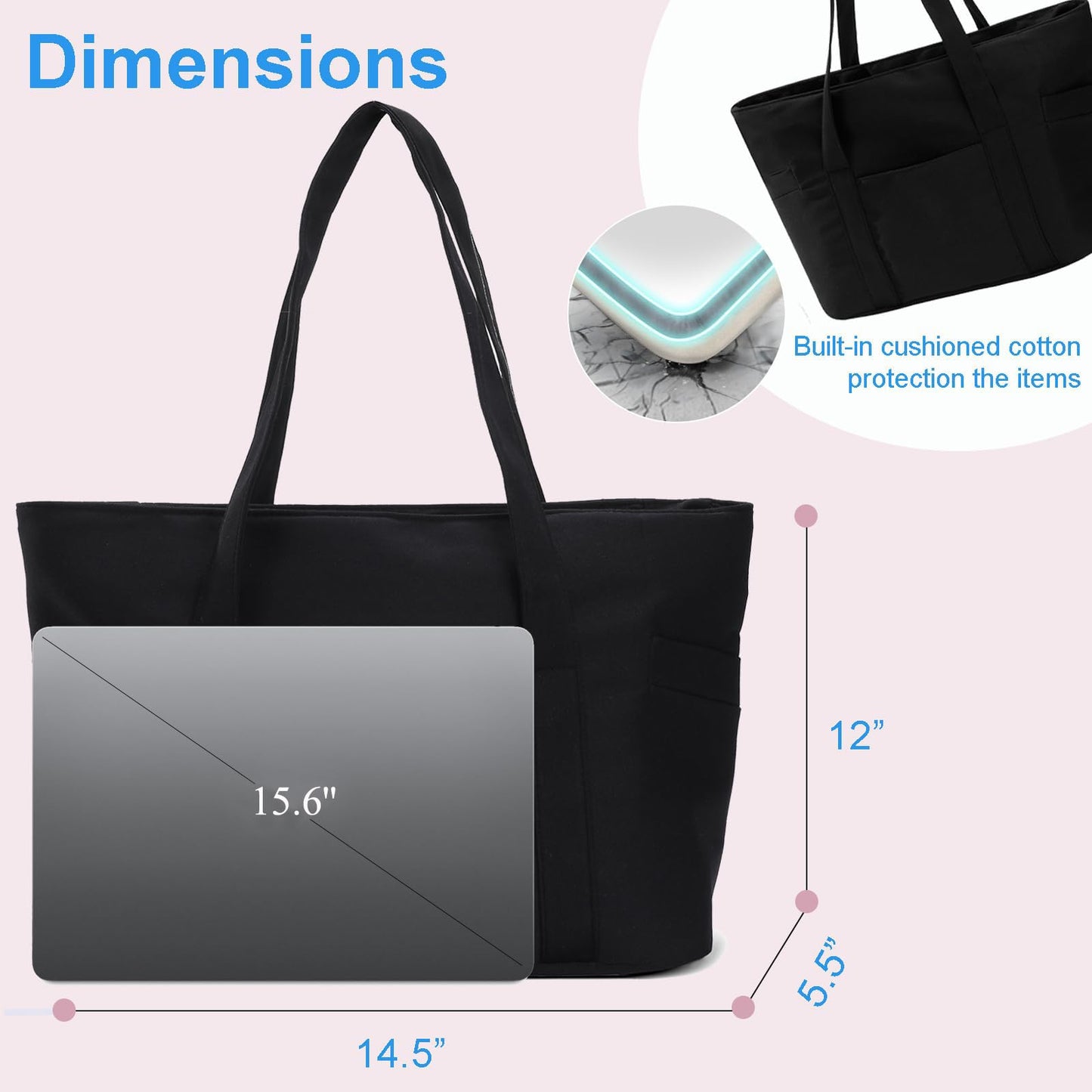 CTWWFS Large Tote Bag for Women with Zipper, Nylon Lightweight Work Tote with 15.6" Laptop Sleeve, Nurse Bag for Work College (Black)