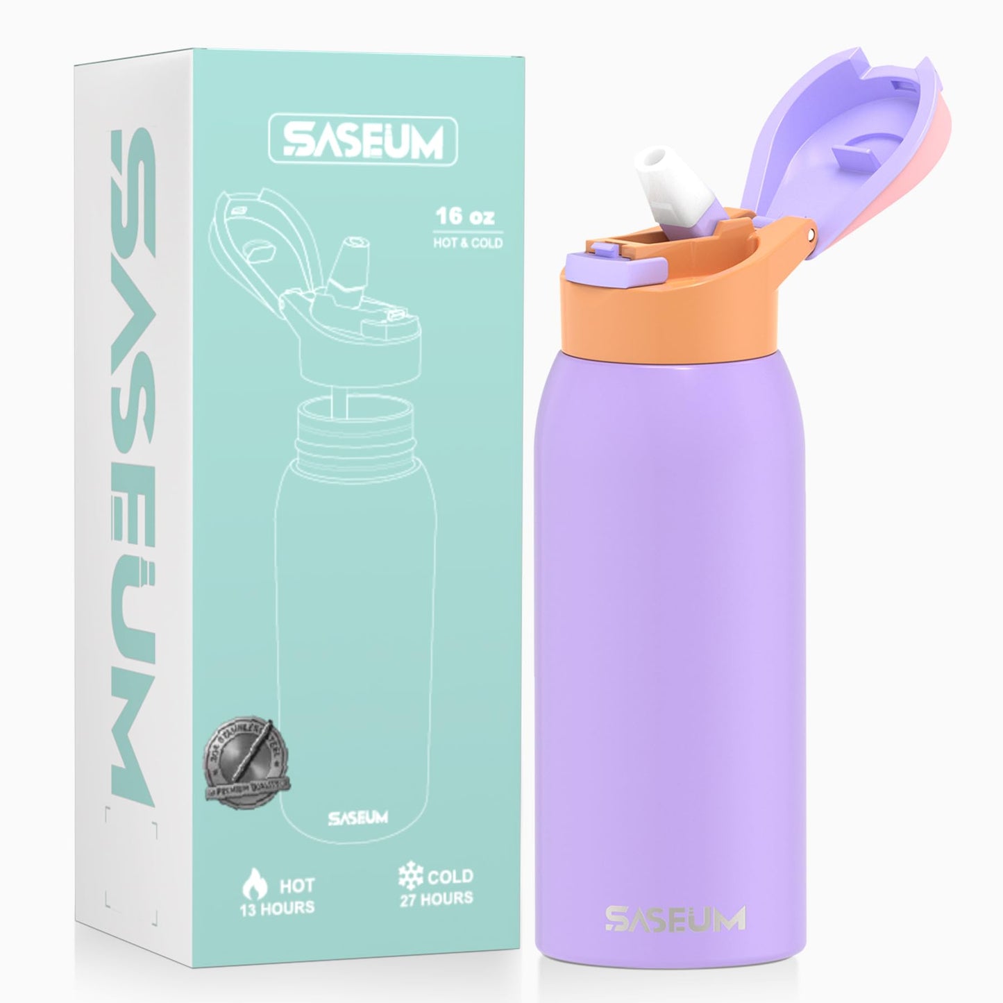 Saseum Water Bottle with Straw, 24 oz Free-Sip Double-Wall Vacuum Insulated Stainless Steel Bottle, One-Click Open Design with Soft Silicone Spout, BPA-Free, Ideal for School, Sports & Travel