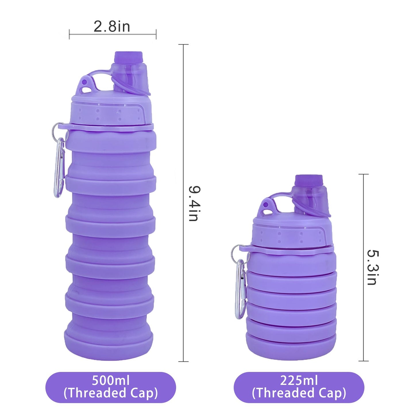YCTMALL Collapsible Water Bottles Two Pack Travel Sports Portable Sport Water Bottle comes with mountaineering Buckle 500ml silicone Water-proof camping water bottle (Dark blue and Purple Color)