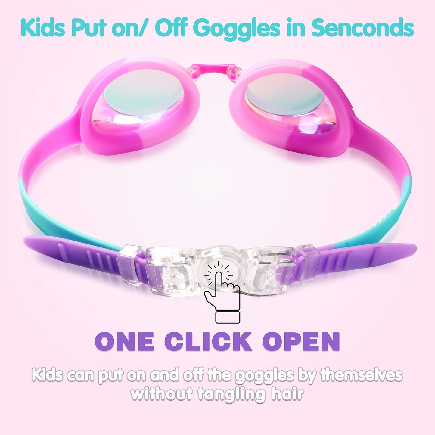 Keary Kids Swim Goggles for Toddler Children Girls Boys Youth, Anti-Fog Waterproof UV Protection Clear Vision Mirror Flat Lens, Pink Kids Goggles with 3 Nose Pieces