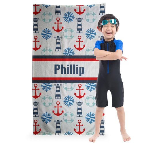 Personalized Kids Beach Towel – Custom Name Towels for Boys & Girls – Super Soft Silk Touch, Great for Pool, Beach or Vacation; Nautical Anchors, Large 30"x60", 1-Sided Printing, Printed in The USA