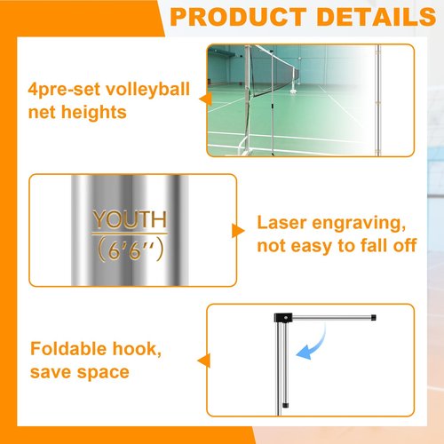 Motionchic Volleyball Net Measure Pole 4 Pre-Set Precise Height Retractable Volleyball Official Referee Equipment for Men's, Women's, Coed and Junior Outdoor Training