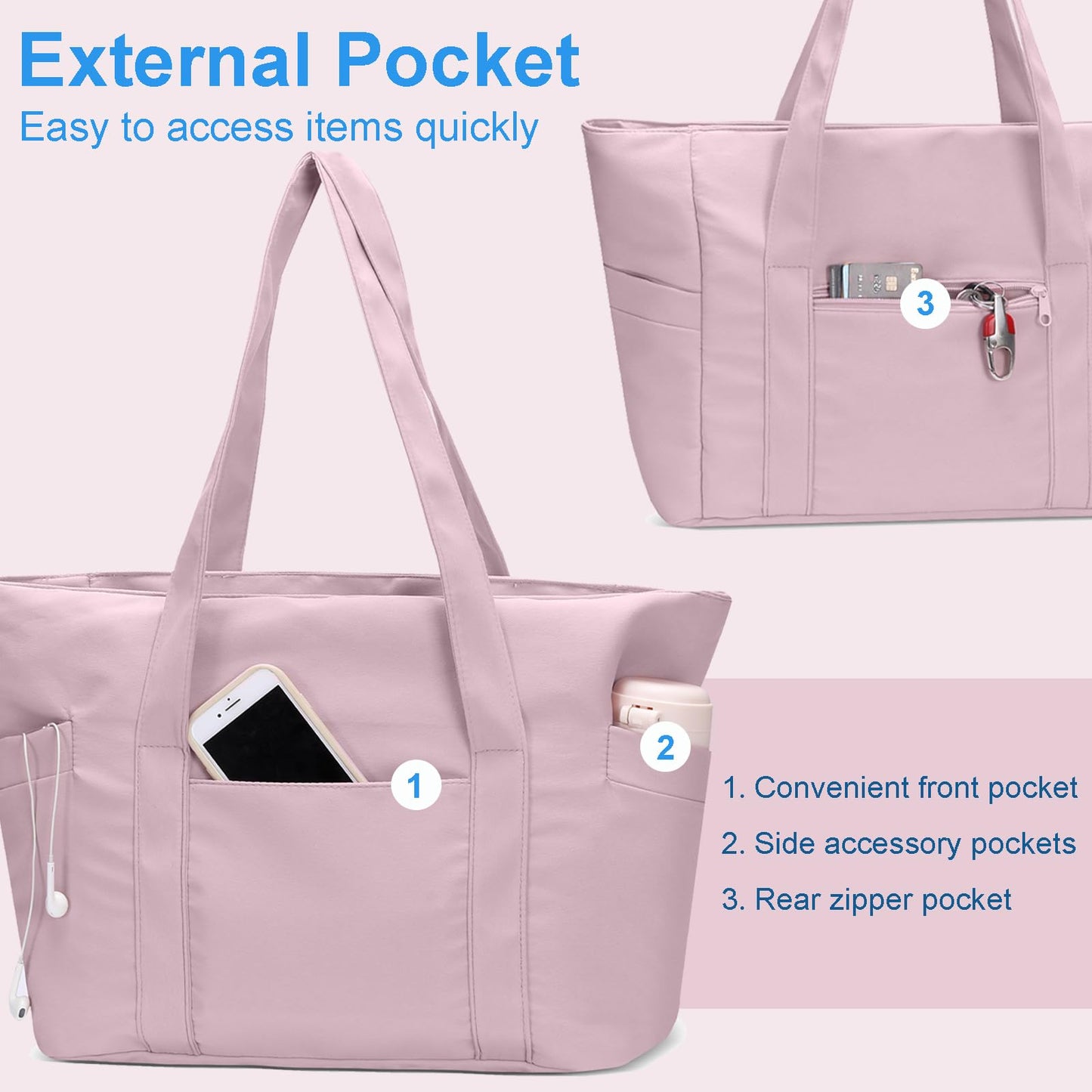 CTWWFS Large Tote Bag for Women with Zipper, Nylon Lightweight Work Tote with 15.6" Laptop Sleeve, Nurse Bag for Work College (Pink)