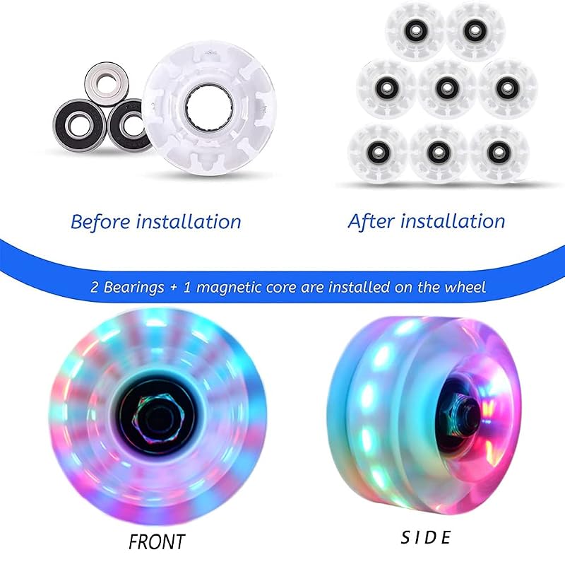 Light Up 8-Pack Roller Skate Wheels 78A with ABEC-9 Bearings - RGB LED Lights, 32x58mm