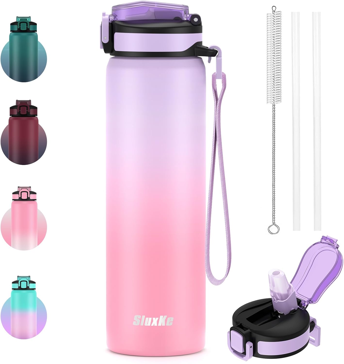 24oz Leakproof Vacuum Insulated Water Bottle, Ideal for Hot or Cold Drinks, Double wall Straw Drinking Bottle, BPA-Free, Prefect for Sport,School, Office, Fitness