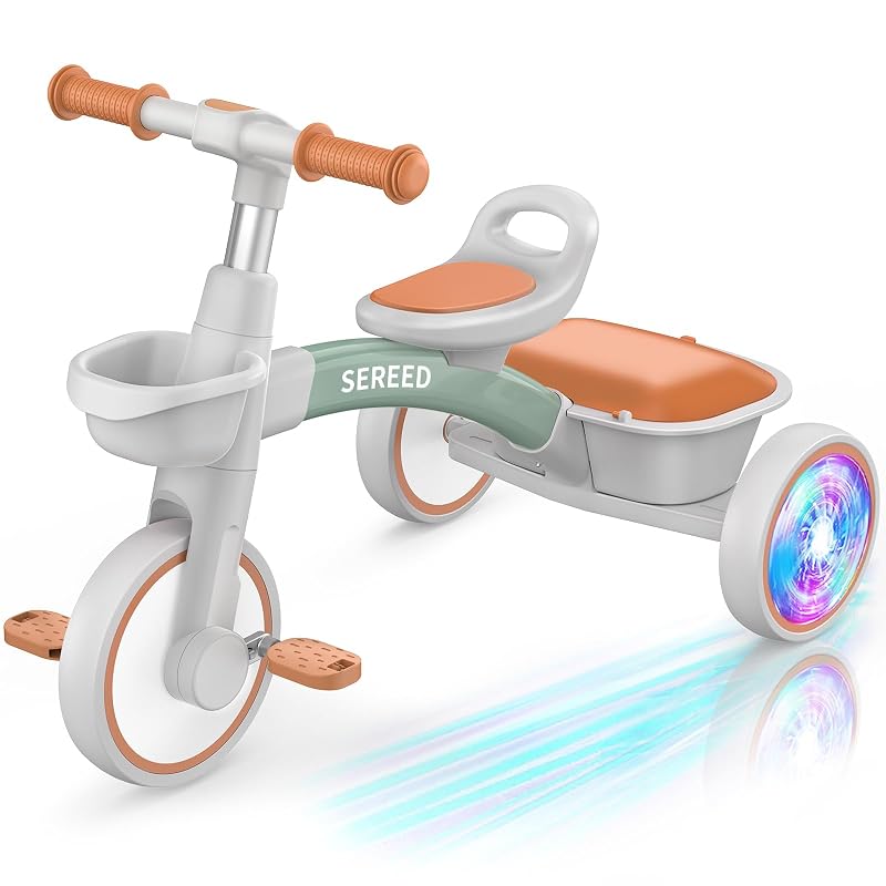 SEREED Colorful Light-Up Tricycle for Kids Ages 2-5 — Green, 3-Position Seat