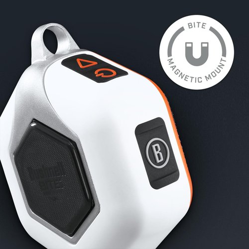 Bushnell Golf Wingman Mini GPS Speaker (Orange/White) | Magnetic Mount, Music & Audible Distances for 38,000+ Courses, Carabiner Clip, Waterproof, 36-Hole Battery, with Signature Series Golf Towel