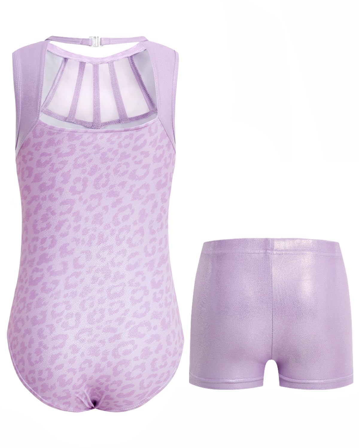 JiAmy Gymnastics Leotards for Girls, 6-7 Years Old Sparkly Sleeveless Biketards Unitards with Shorts Dance Ballet Tumbling Outfits Purple Leopard Gymnastics Gifts